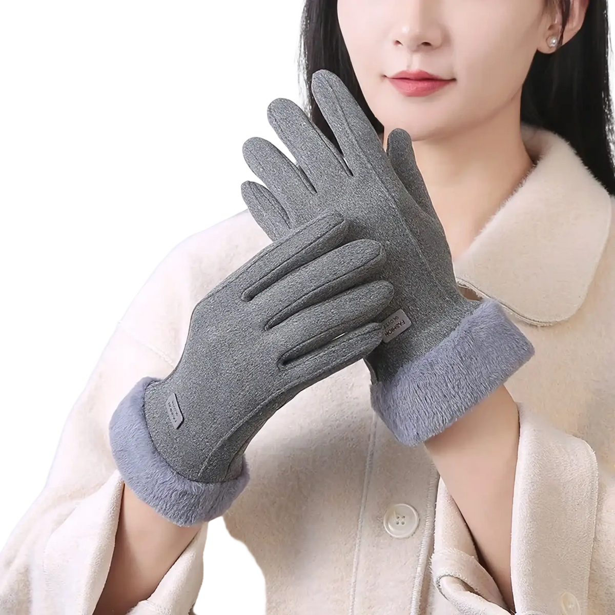 Gray knit women’s thermal touch screen winter cycling gloves with soft fleece-lined cuff shown from the back side