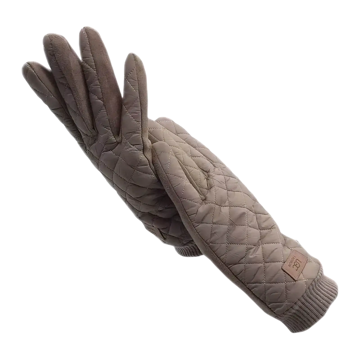 Beige quilted women’s thermal touch screen winter gloves with soft padded texture and ribbed cuffs for warmth
