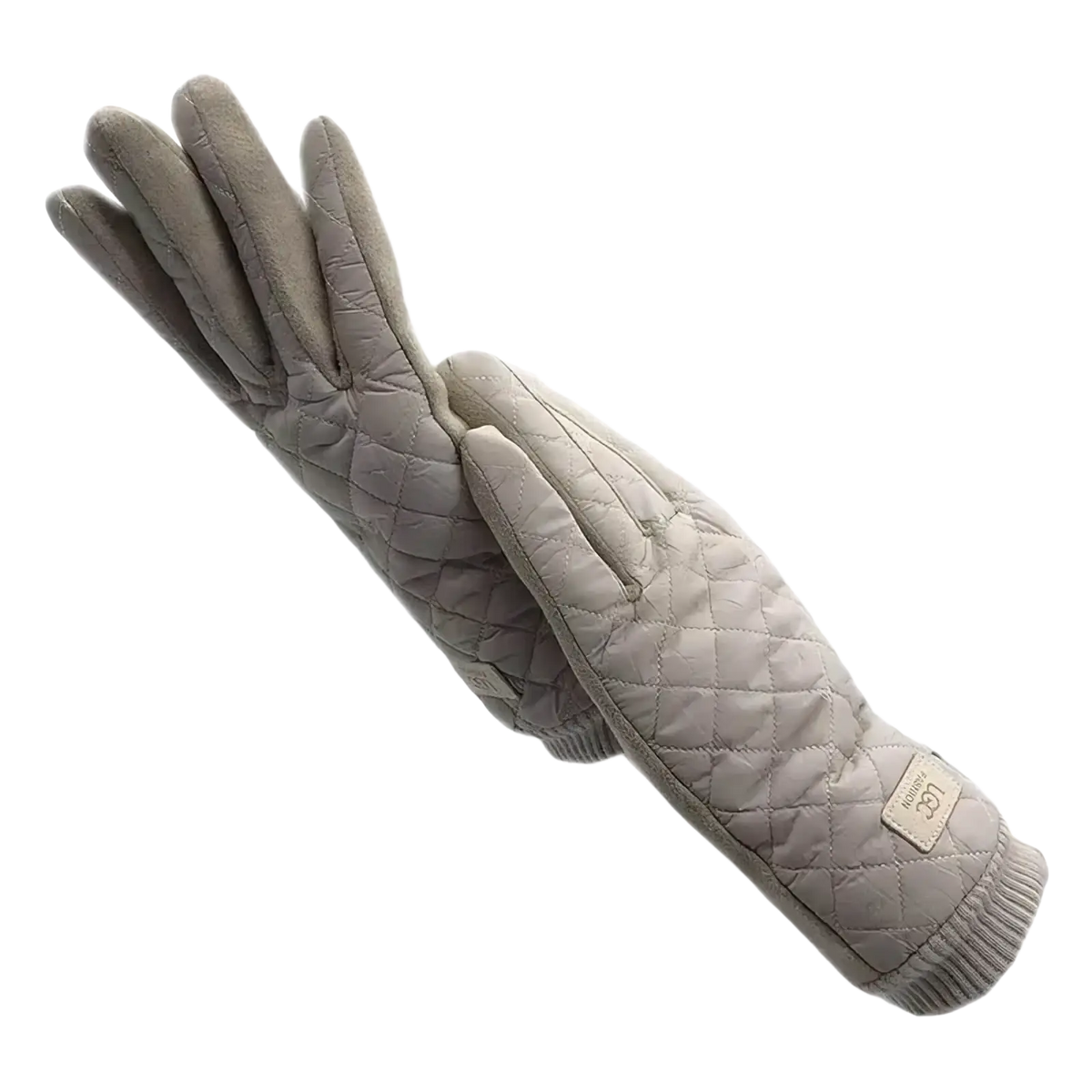 Beige quilted women’s thermal touch screen winter gloves with ribbed cuff and subtle brand patch shown from back side