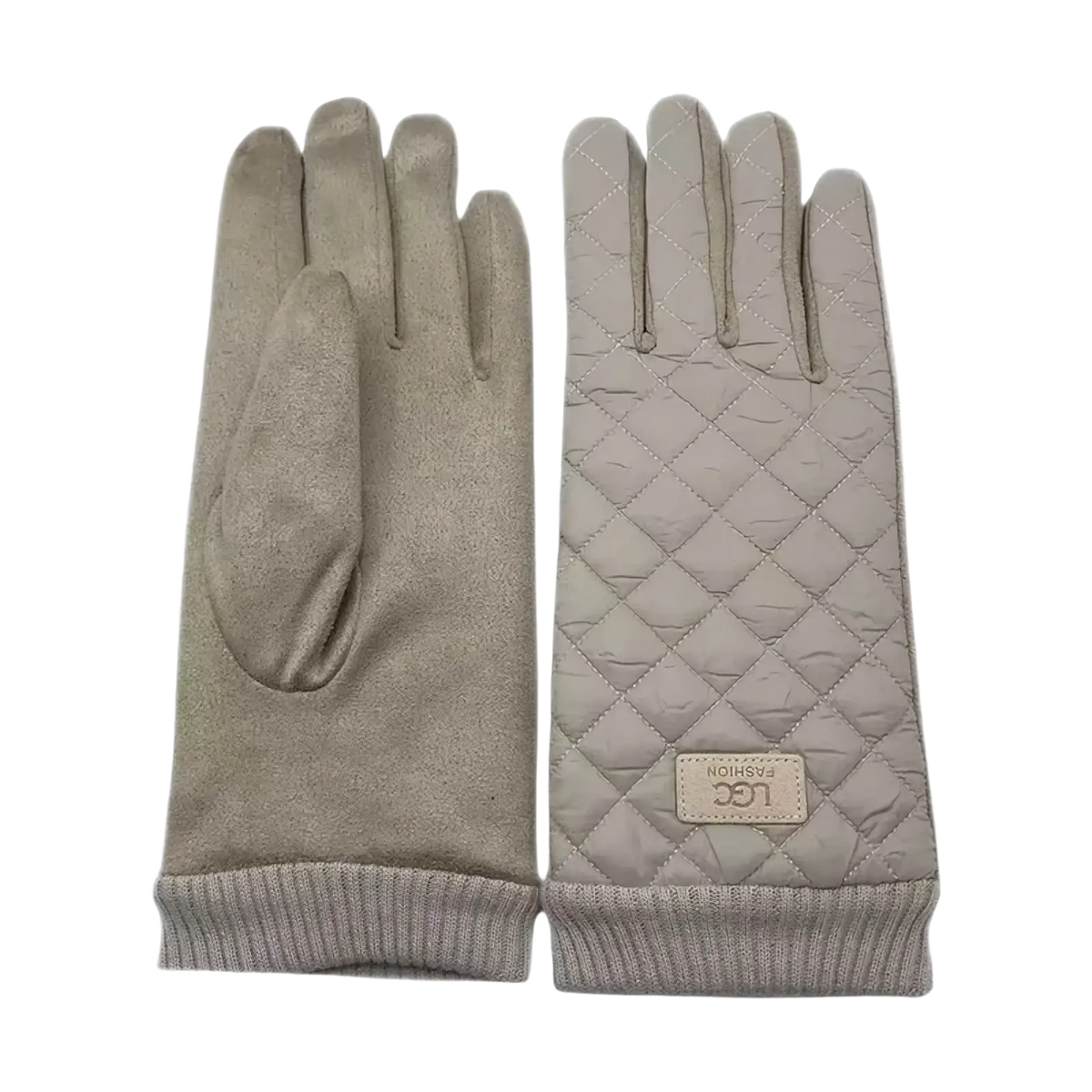 Beige quilted women’s thermal touch screen winter gloves with suede texture ribbed cuffs and ugg logo patch