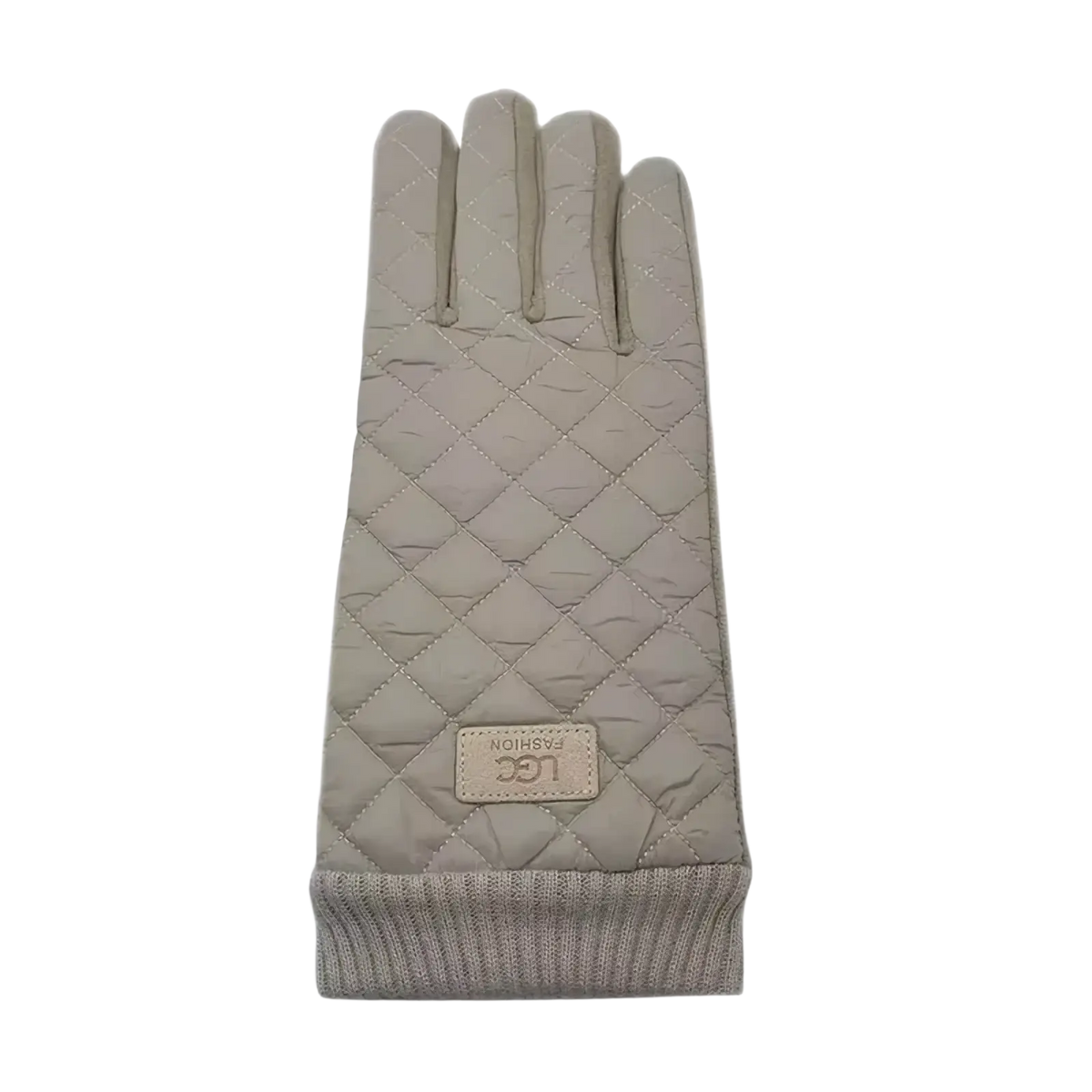 Beige quilted women’s thermal touch screen glove with ribbed knit cuff and lgc fashion leather patch on back side