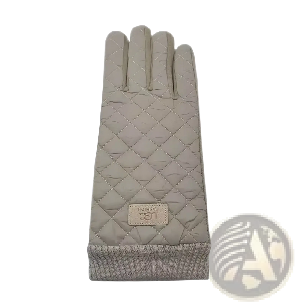 Beige quilted women’s thermal touch screen glove with ribbed knit cuff and lgc fashion leather patch on back side