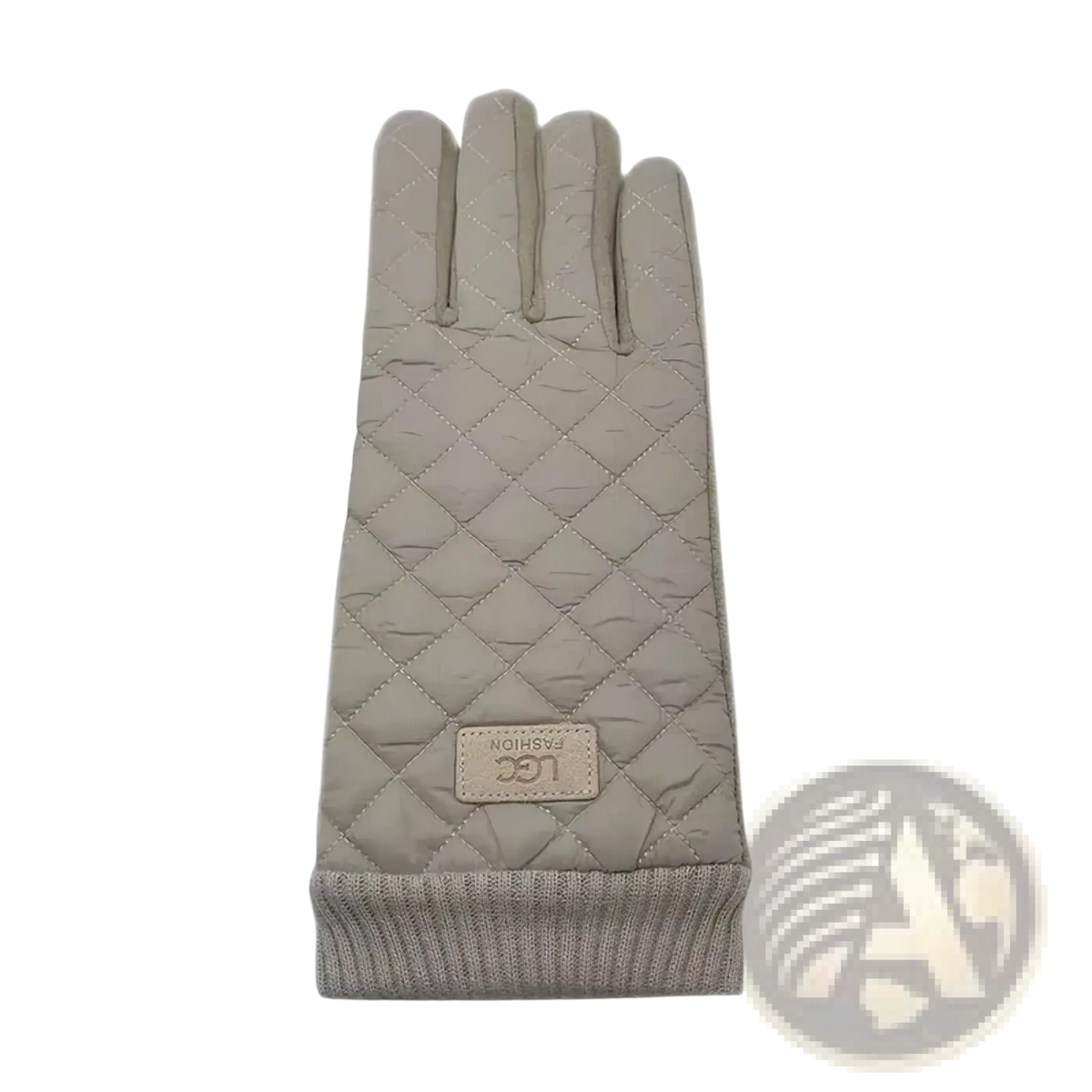 Beige quilted women’s thermal touch screen glove with ribbed knit cuff and lgc fashion leather patch on back side