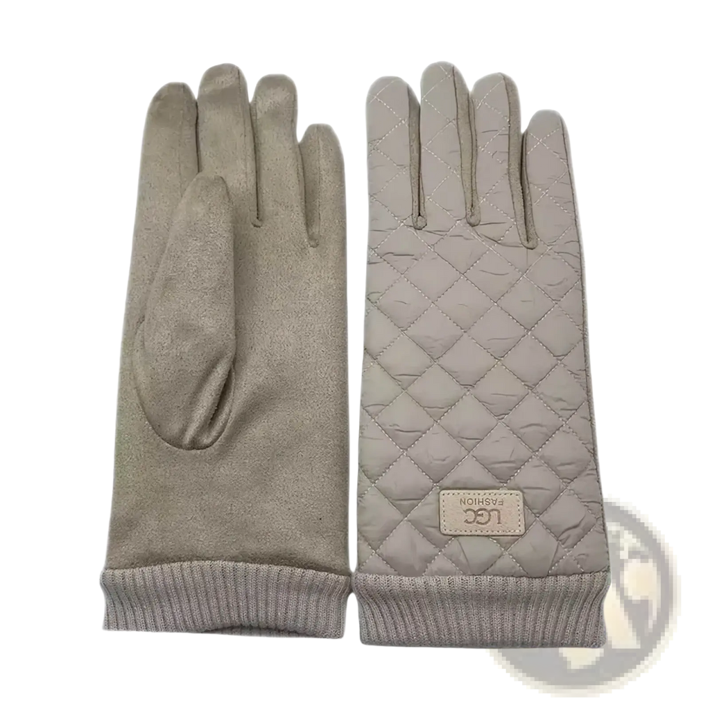 Beige quilted women’s thermal touch screen winter gloves with suede texture ribbed cuffs and ugg logo patch