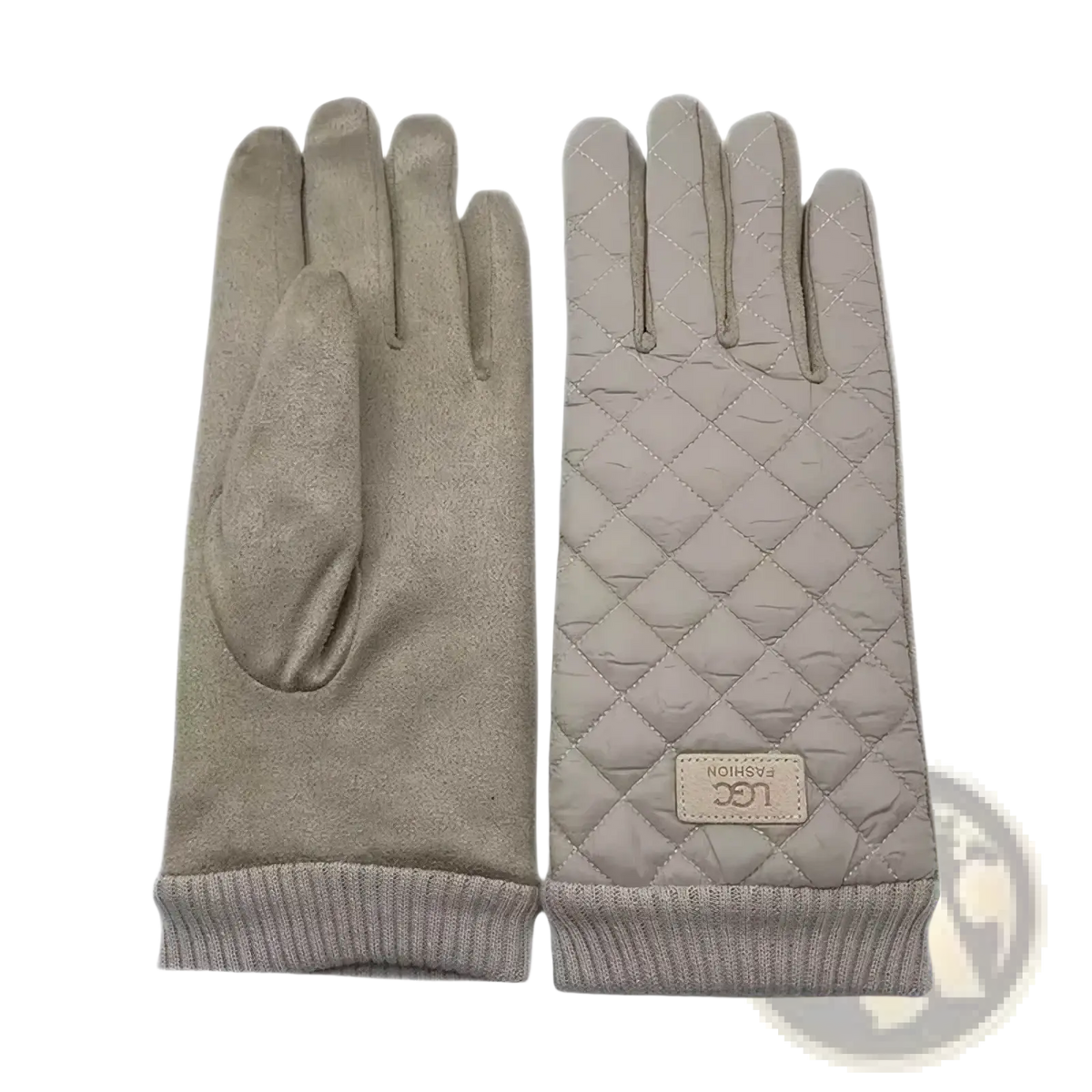 Beige quilted women’s thermal touch screen winter gloves with suede texture ribbed cuffs and ugg logo patch