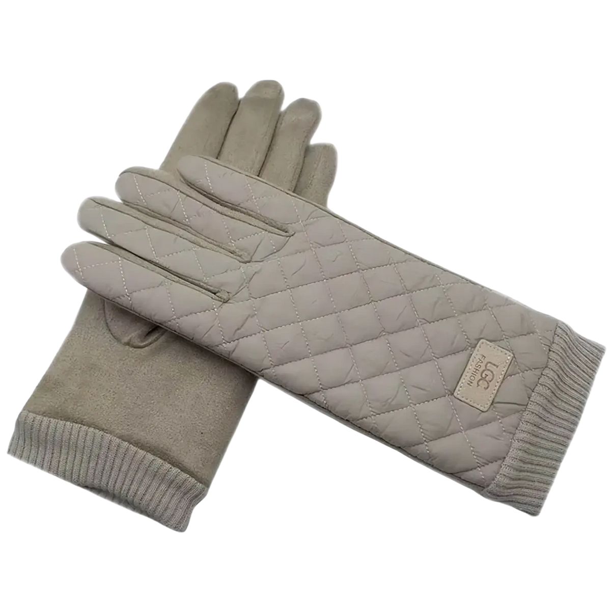 Beige quilted ugg women’s thermal touch screen winter gloves with soft suede texture and ribbed knit cuffs