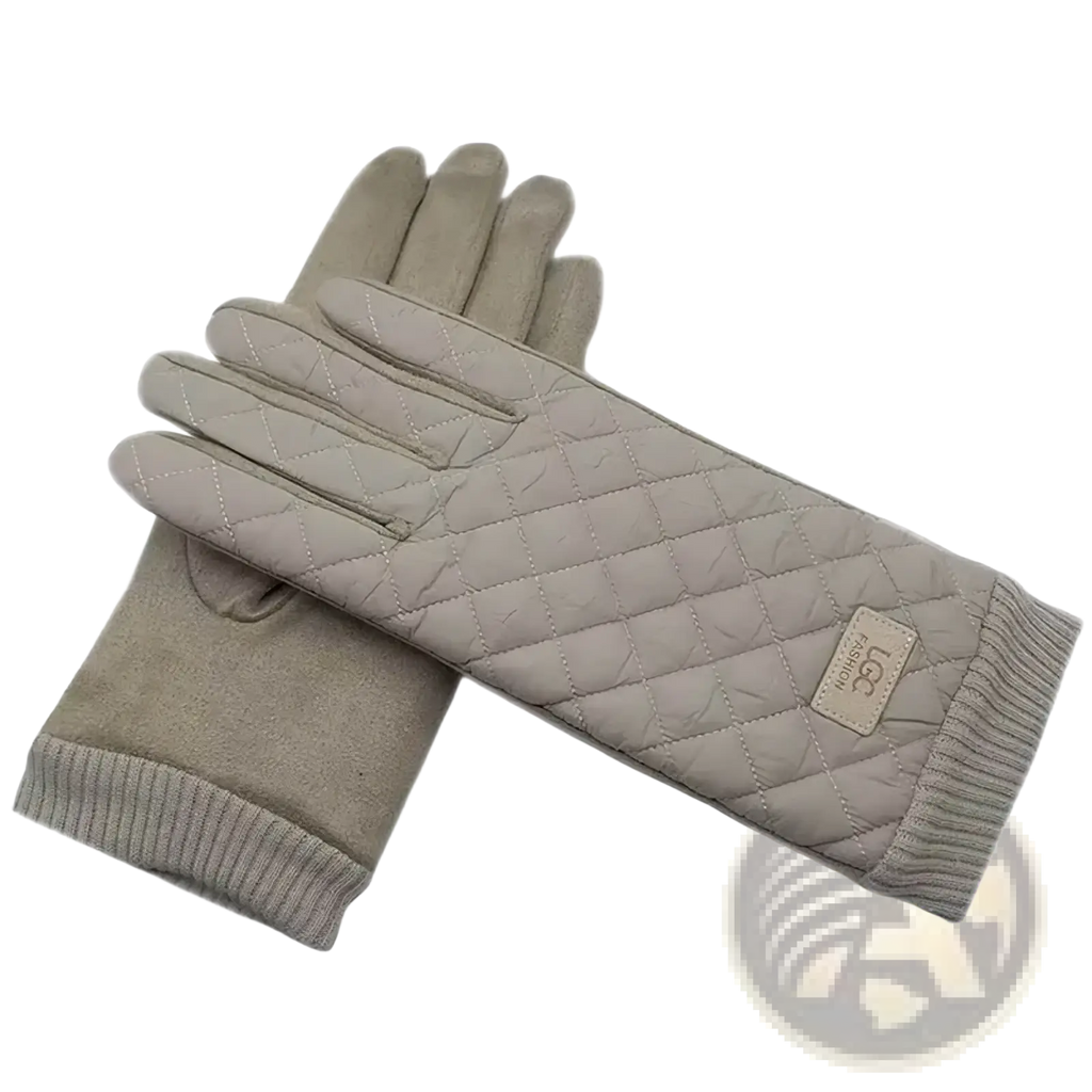 Beige quilted ugg women’s thermal touch screen winter gloves with soft suede texture and ribbed knit cuffs