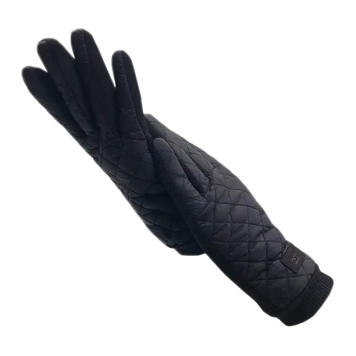 Black quilted women’s thermal touch screen winter gloves with diamond stitch pattern and ribbed cuff shown from the back side