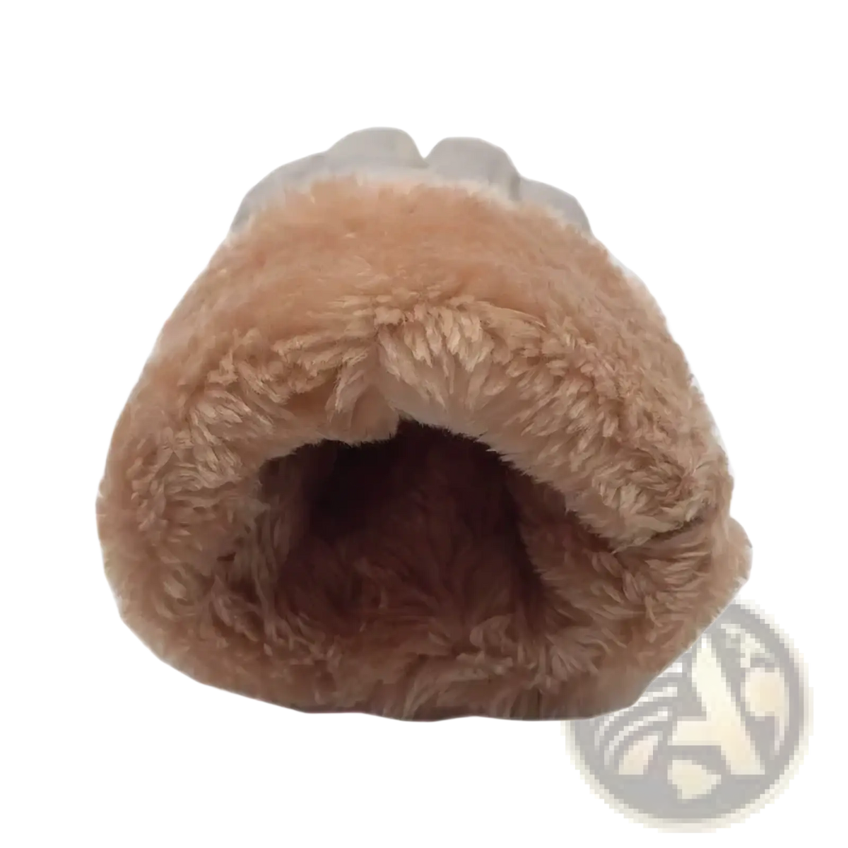 A cozy tan faux fur-lined slipper with plush interior and textured outer surface, for women’s thermal touch screen winter use