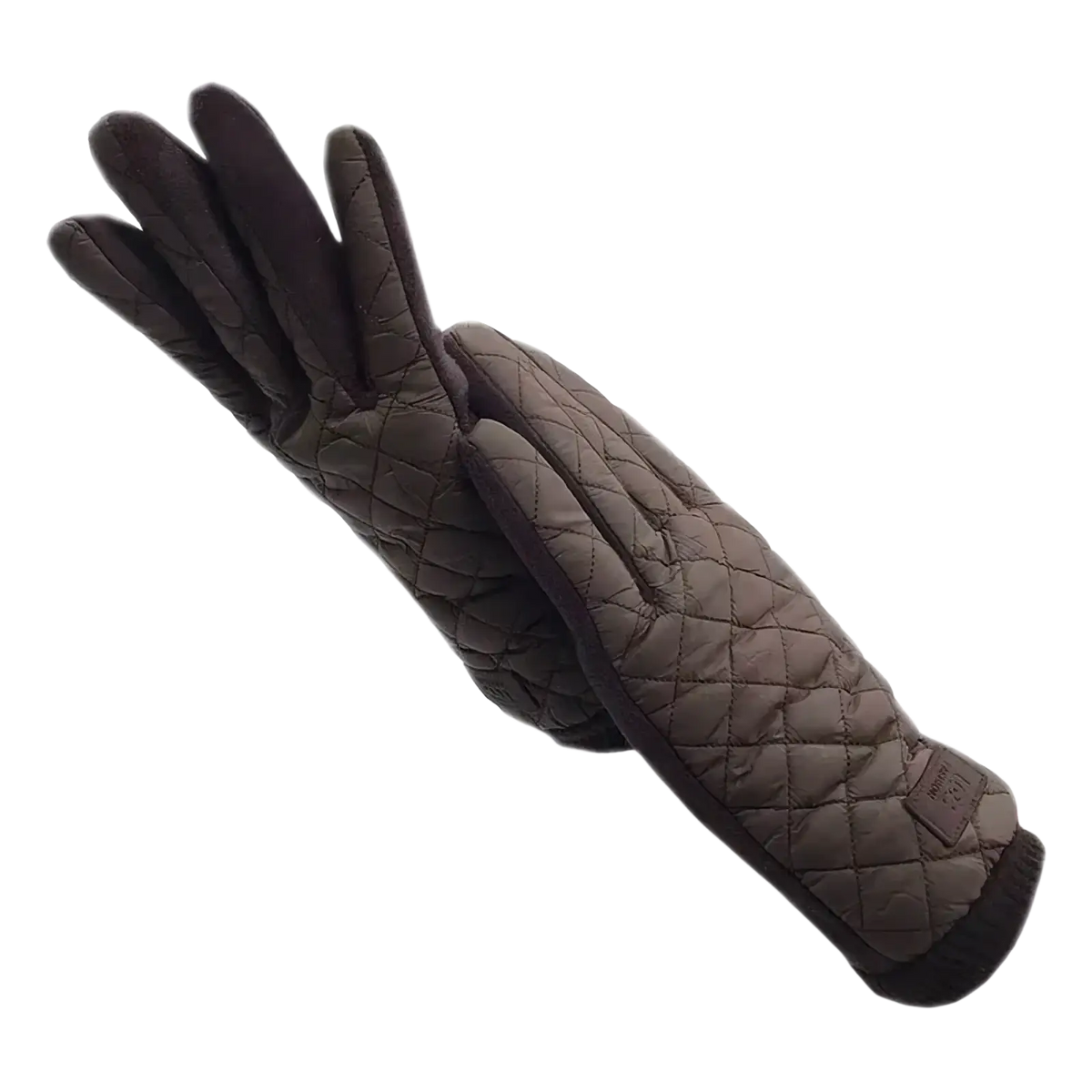 Dark brown quilted women’s thermal touch screen winter gloves with diamond-stitched pattern and ribbed cuffs back side