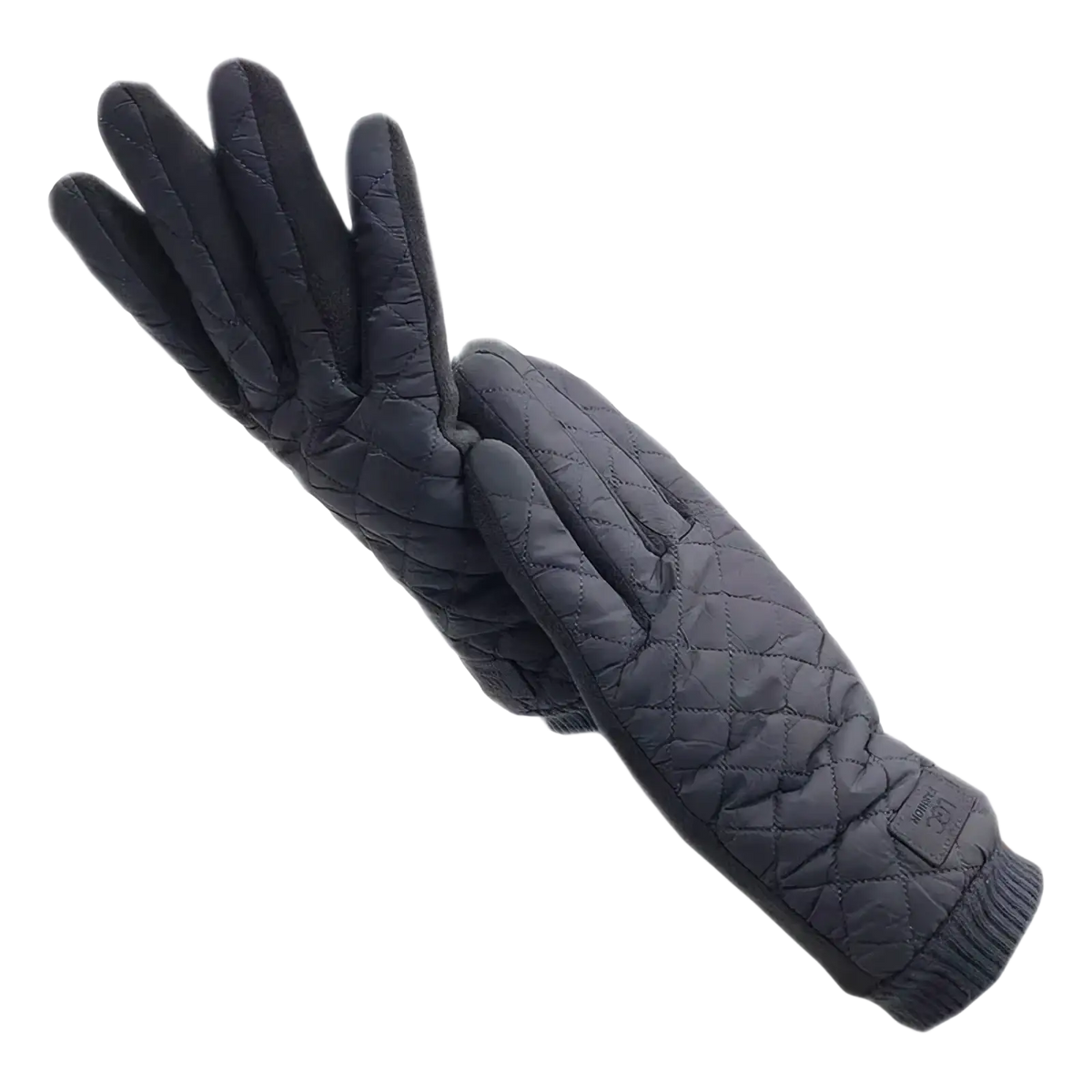 Dark gray quilted women’s thermal touch screen winter gloves with ribbed cuff and subtle brand tag shown from back side