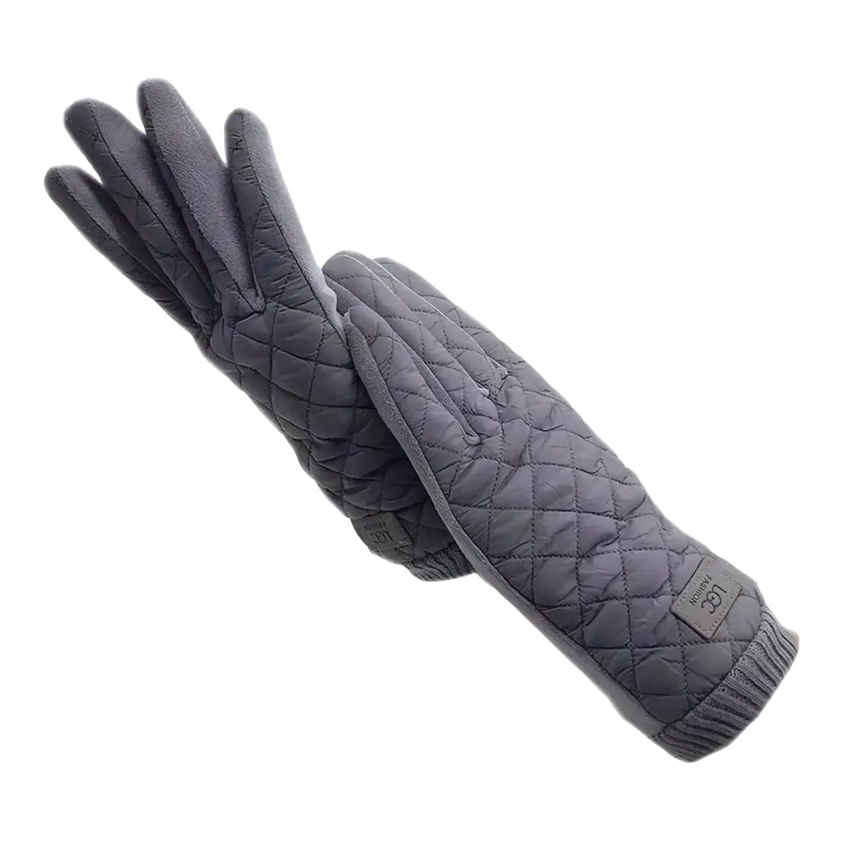 Gray women’s thermal touch screen winter gloves made of quilted soft fabric with ribbed cuffs shown from the back side