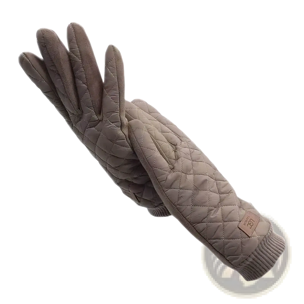 Beige quilted women’s thermal touch screen winter gloves with soft padded texture and ribbed cuffs for warmth