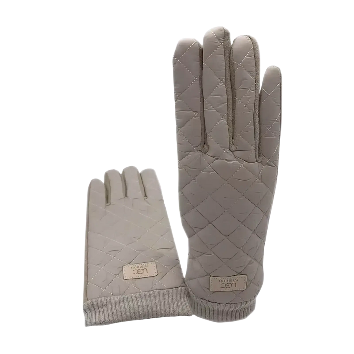 A pair of beige quilted women’s thermal touch screen winter gloves with ribbed cuff and subtle stitching details
