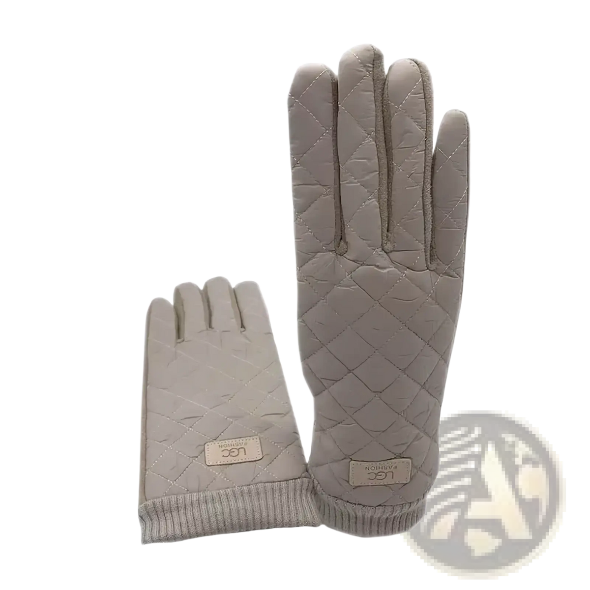 A pair of beige quilted women’s thermal touch screen winter gloves with ribbed cuff and subtle stitching details