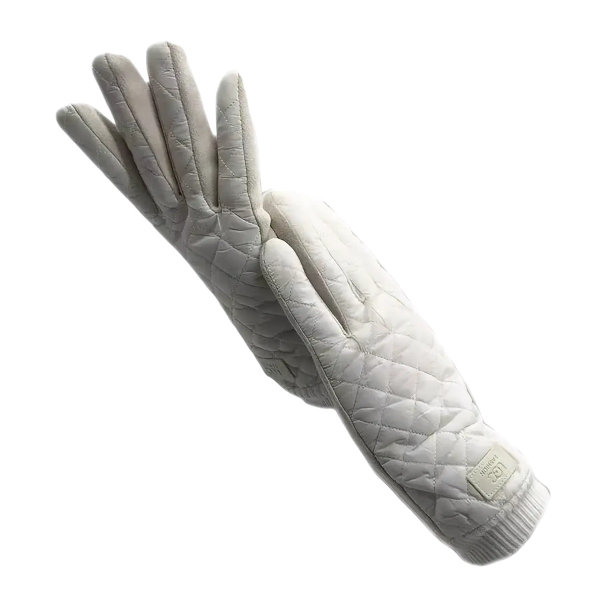 A pair of light gray quilted women’s thermal touch screen winter gloves with ribbed cuffs and subtle stitching details