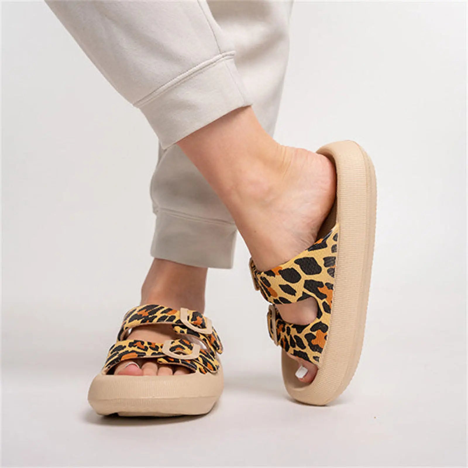 Beige platform women’s thick sole breathable eva massage sandals with bold leopard print and dual-strap design