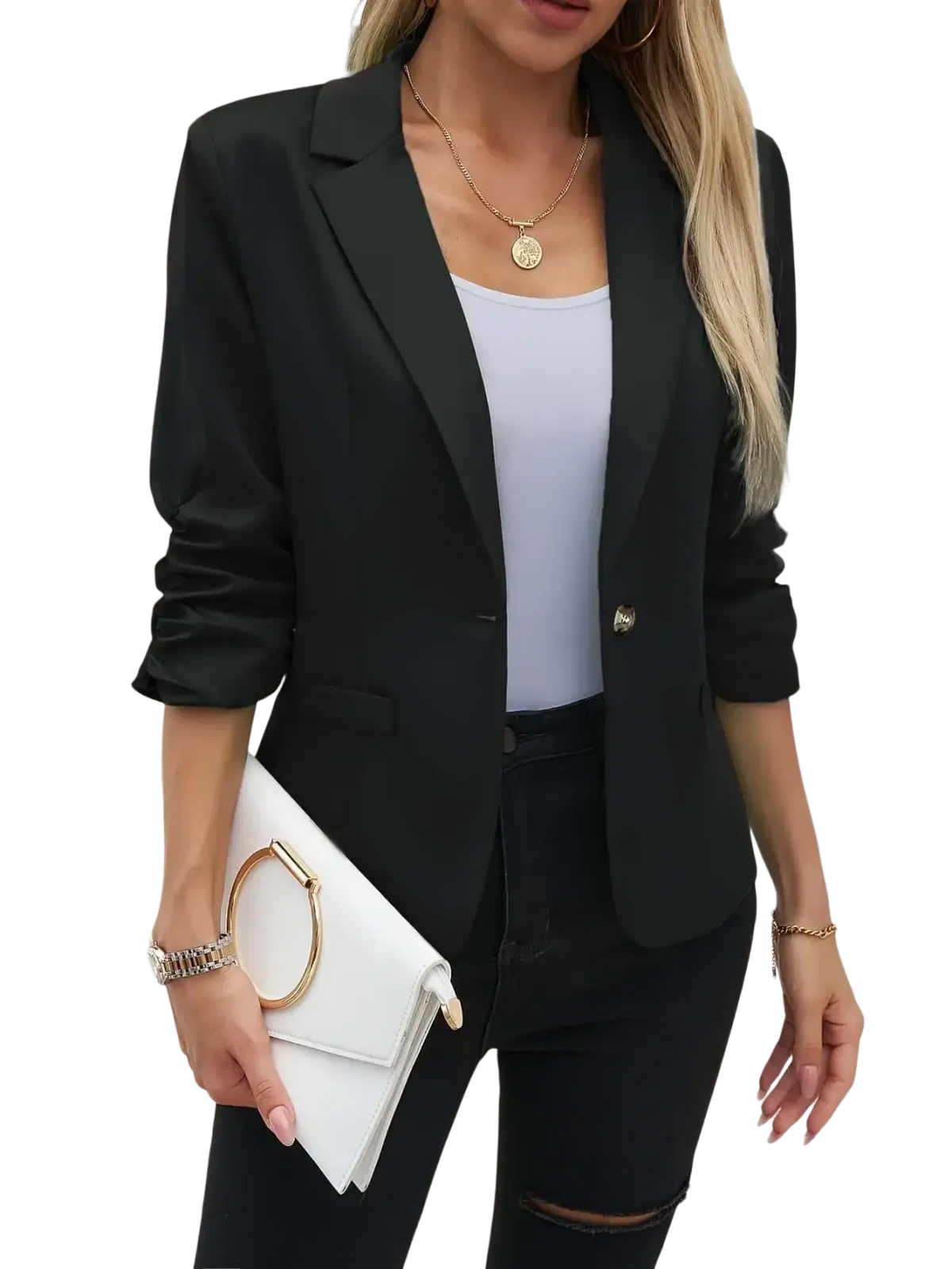 Women’s three-quarter sleeve formal black blazer jacket with gold button and notched lapel for professional wear