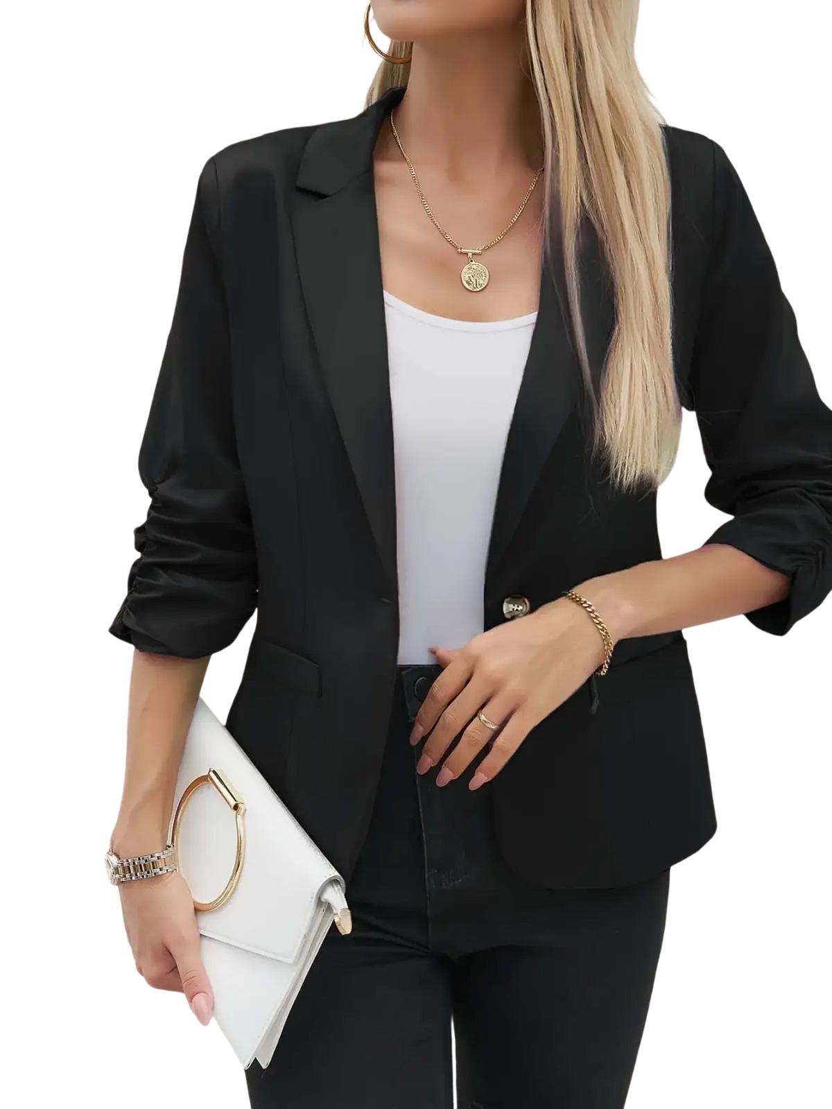 Black women’s three-quarter sleeve formal blazer jacket with satin finish and rolled sleeves for elegant occasions