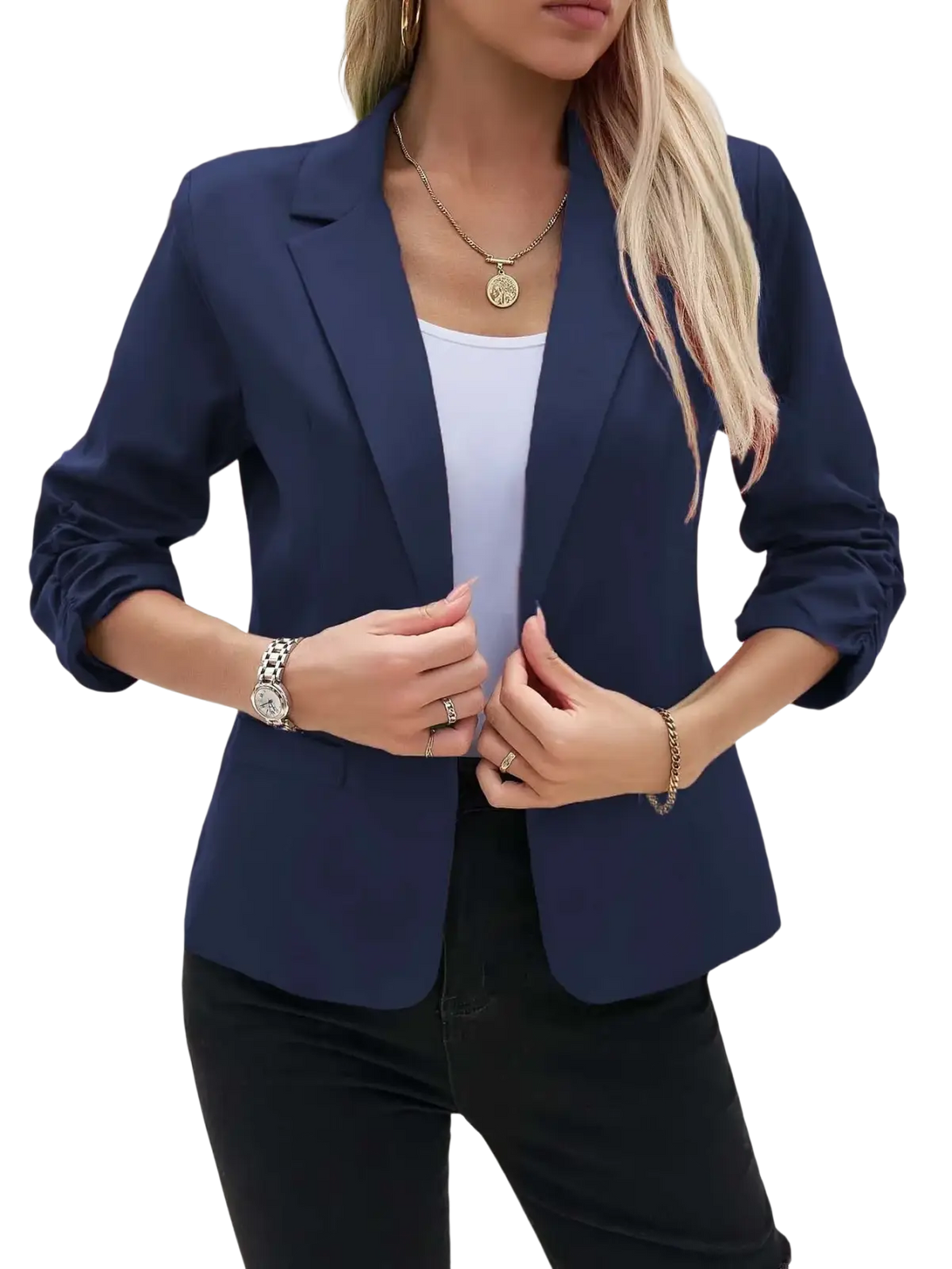 Navy blue women’s three-quarter sleeve formal blazer jacket with rolled-up sleeves and a sleek tailored fit