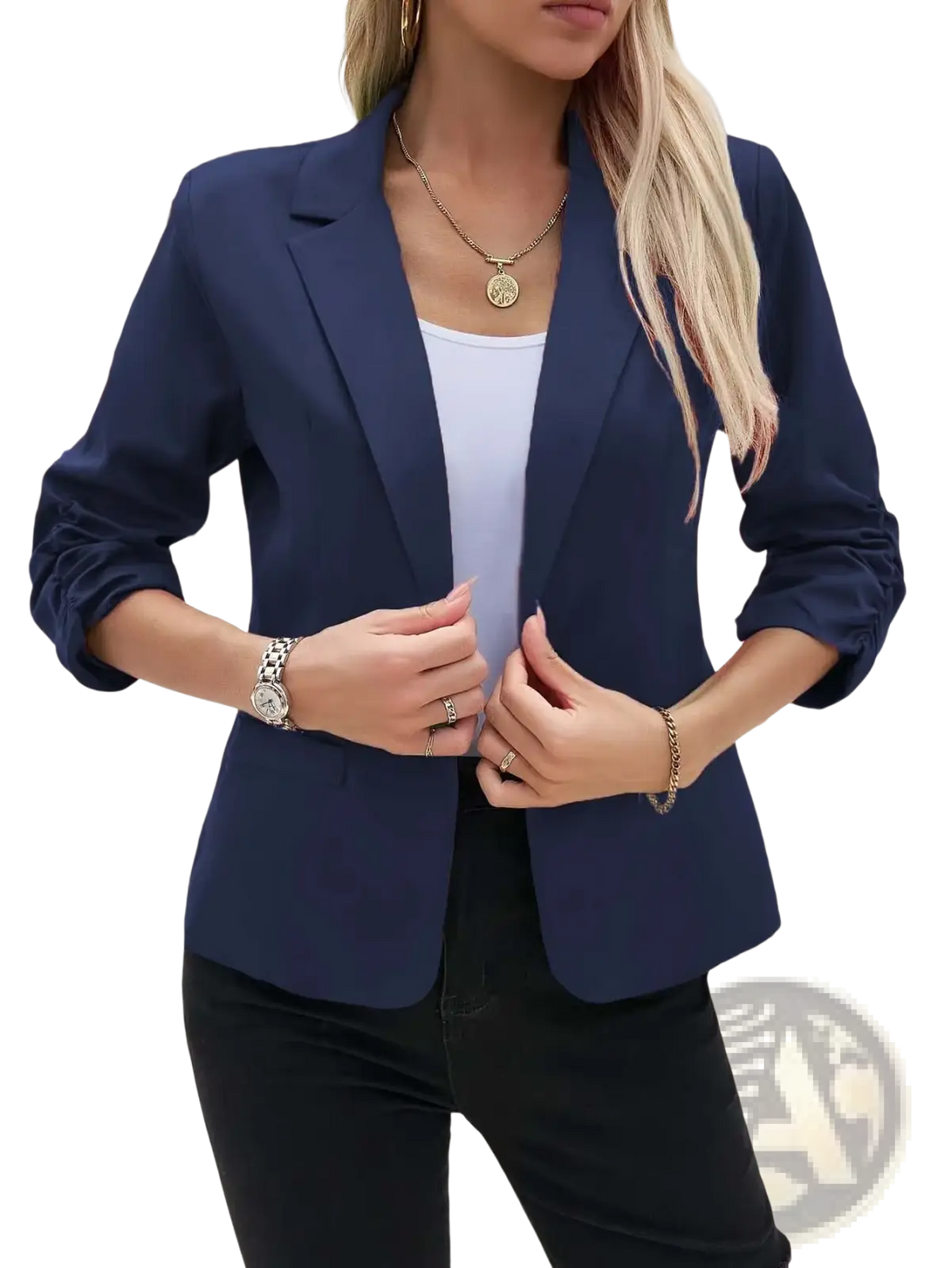 Navy blue women’s three-quarter sleeve formal blazer jacket with rolled-up sleeves and a sleek tailored fit