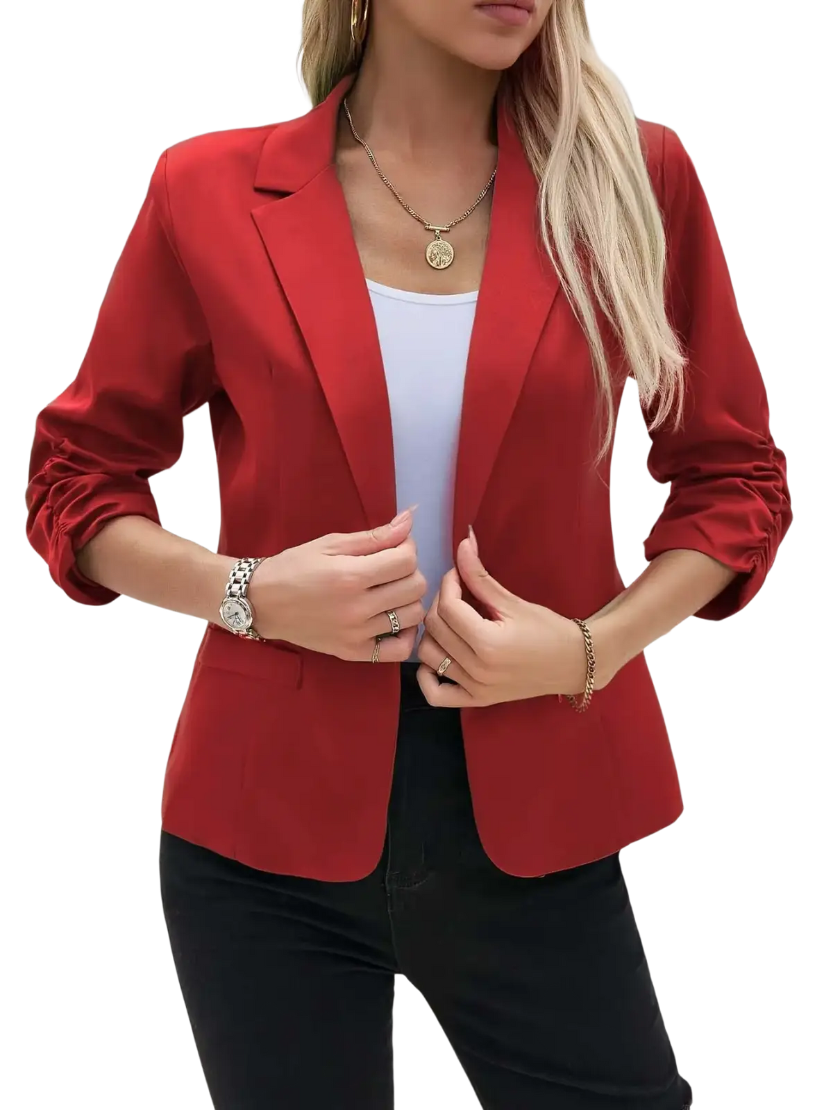 Women’s three-quarter sleeve formal blazer jacket in red with a sleek tailored fit and rolled-up sleeves