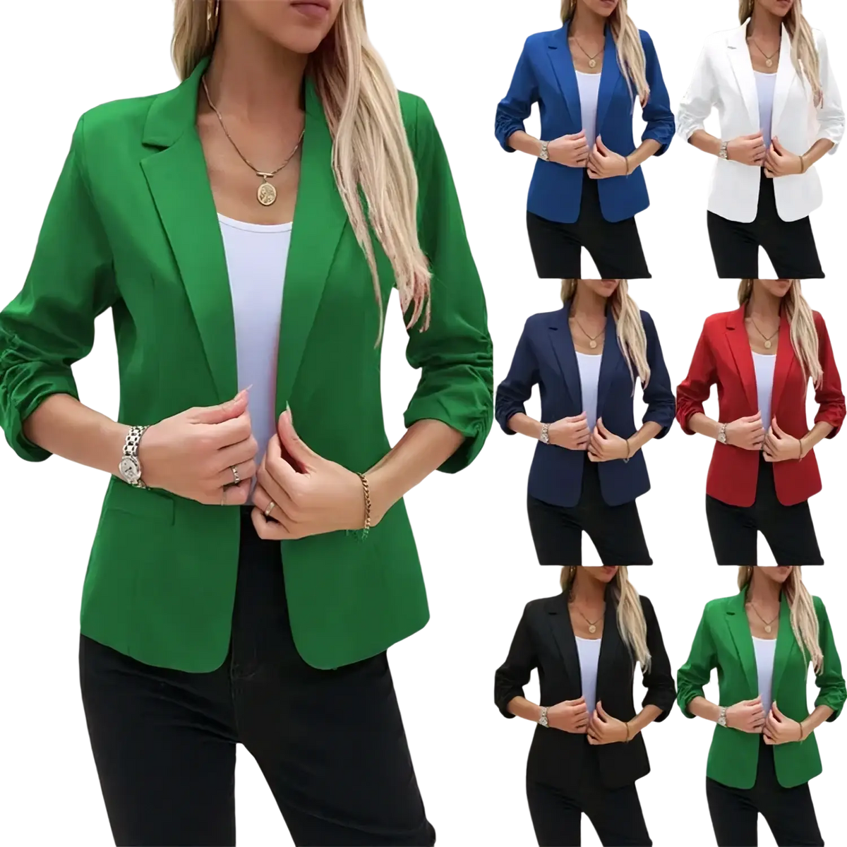 Vibrant green women’s formal blazer jacket with sleek tailored fit and three-quarter length sleeves for professional wear