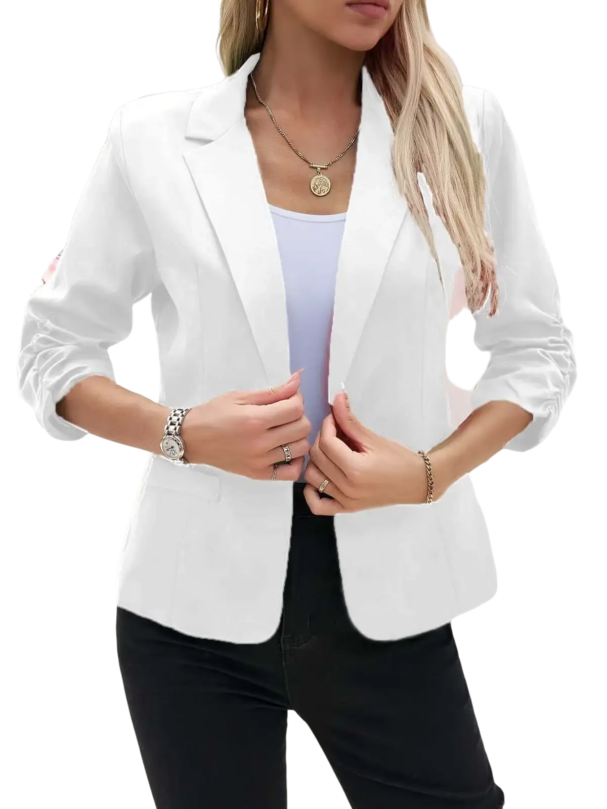 White tailored three-quarter sleeve formal blazer jacket with rolled-up sleeves for women in sleek design