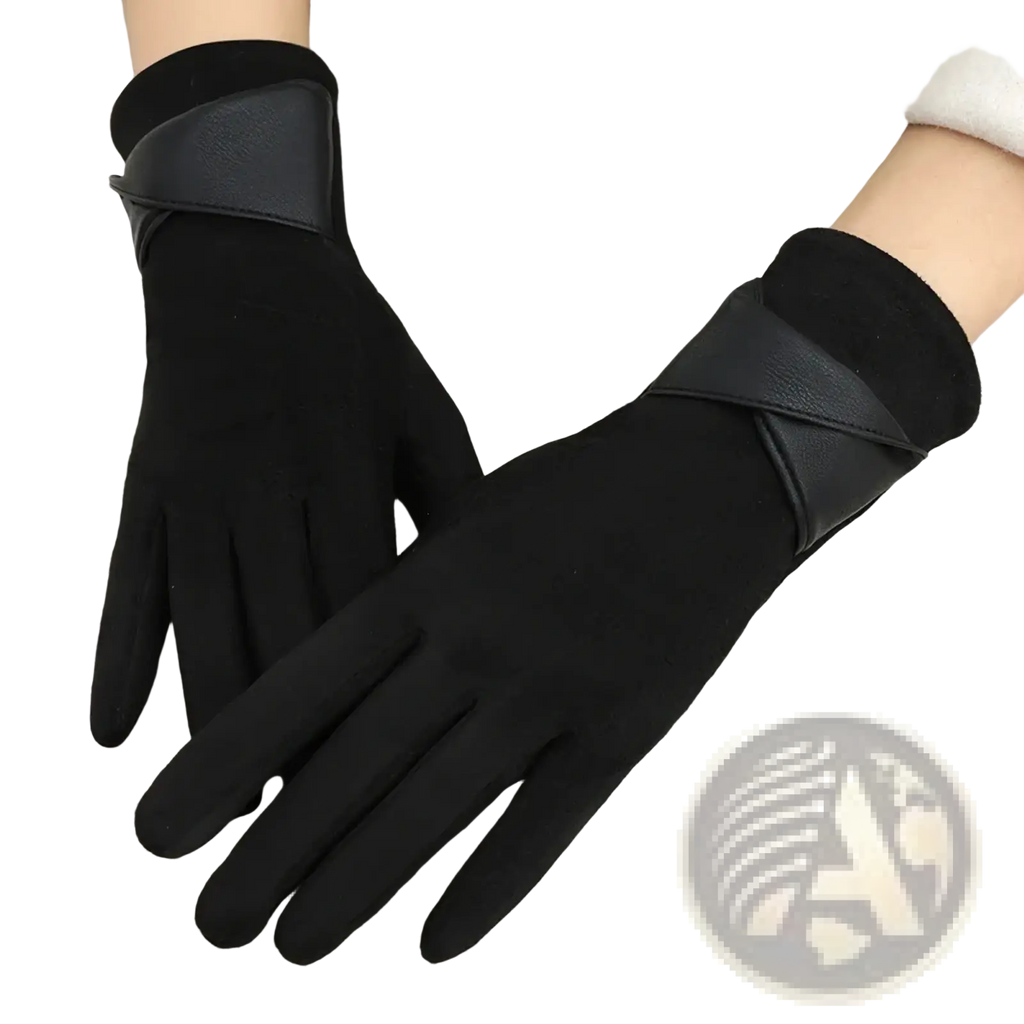 Black women’s touchscreen suede winter gloves with soft velvety texture and sleek leather accents at the wrist back side visible