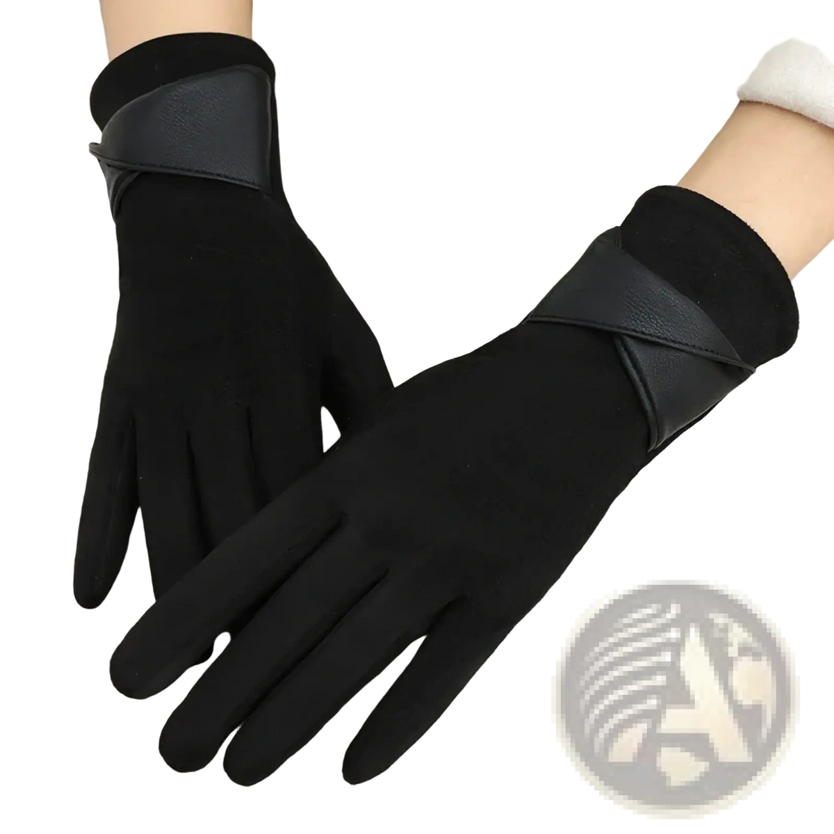 Black women’s touchscreen suede winter gloves with soft velvety texture and sleek leather accents at the wrist back side visible