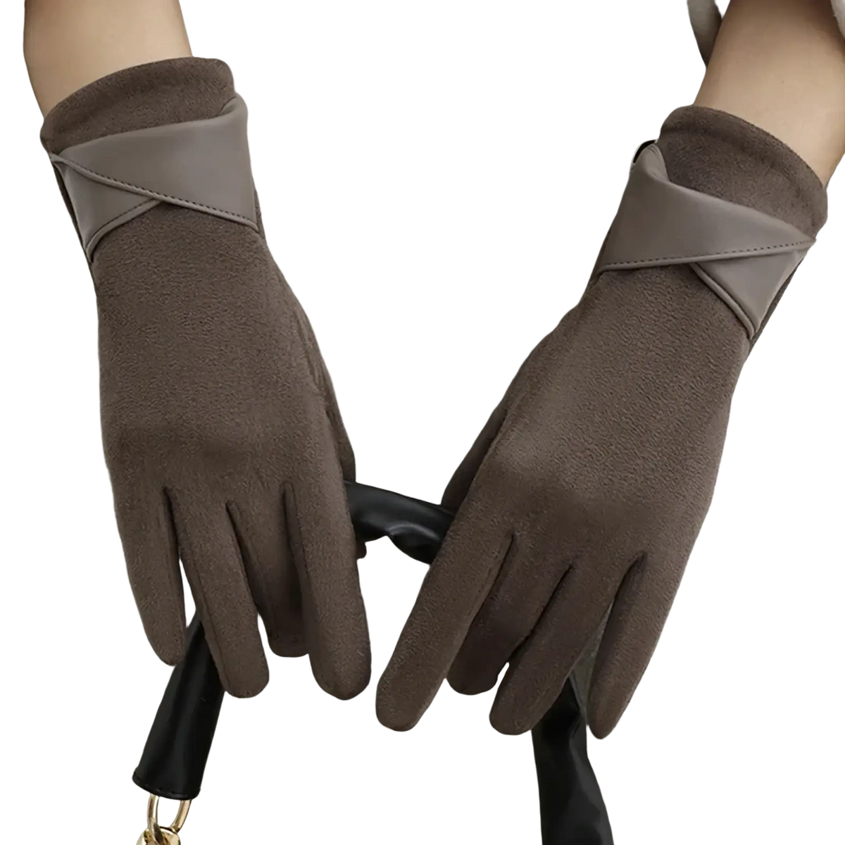 Brown suede women’s touchscreen winter gloves showing the back with a contrasting gray leather wrist strap