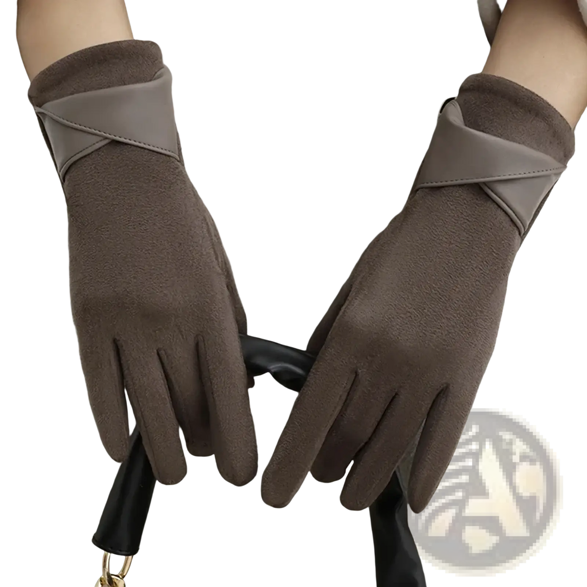 Brown suede women’s touchscreen winter gloves showing the back with a contrasting gray leather wrist strap