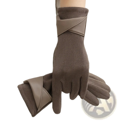 Women’s touchscreen suede winter gloves in brown with lighter leather cuff and stitched detailing shown from the back side
