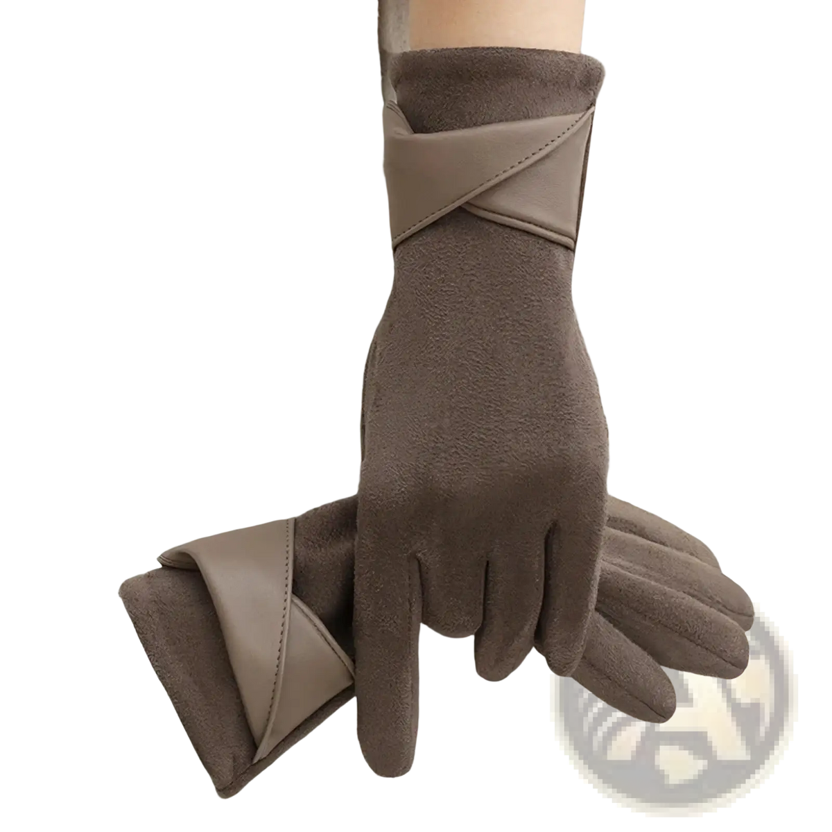 Women’s touchscreen suede winter gloves in brown with lighter leather cuff and stitched detailing shown from the back side