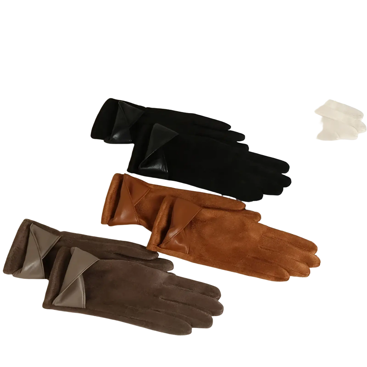 Women’s touchscreen suede winter gloves in black brown and tan with contrasting wrist panels shown from the back side