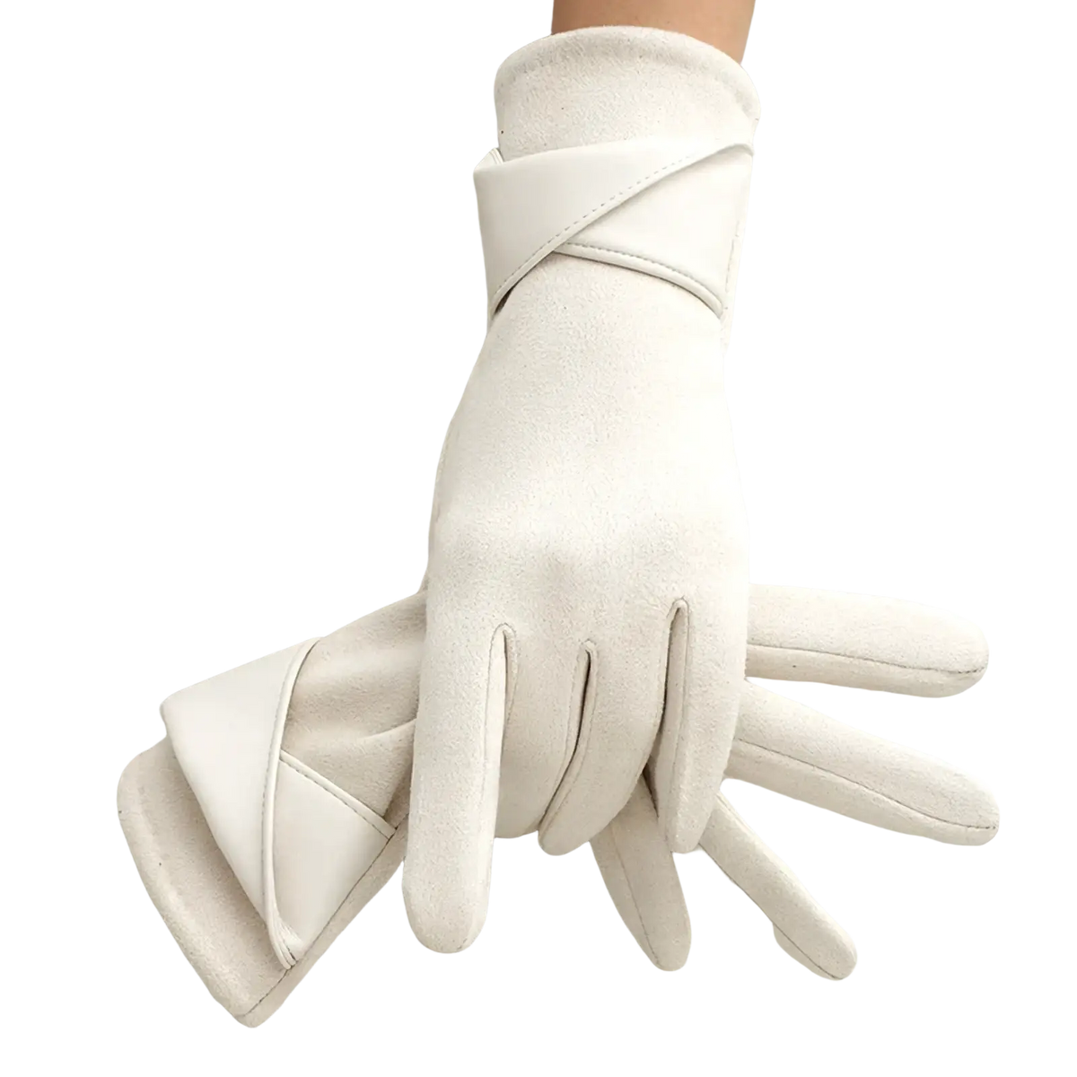 White suede women’s touchscreen winter gloves with sleek minimalist design and crossed wrist straps shown from back side