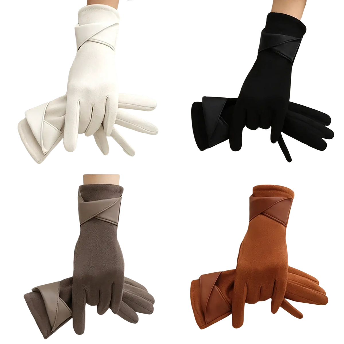 Women’s touchscreen suede winter gloves in white black brown and taupe leather with cross wrap wrist design backside view