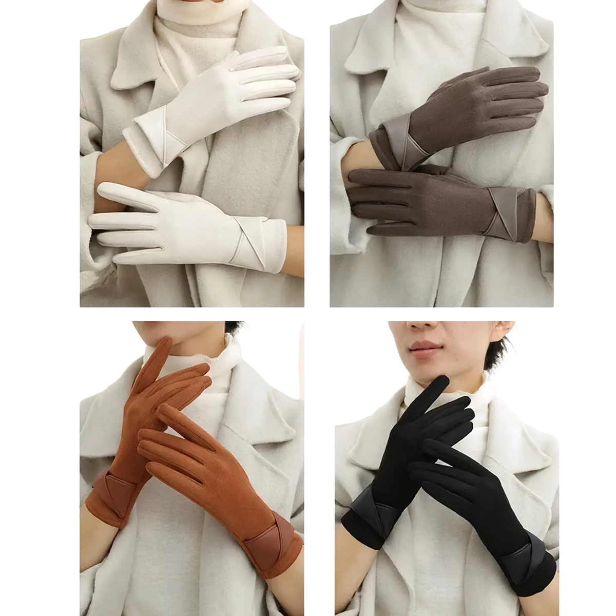 White brown tan and black leather women’s touchscreen suede winter gloves with sleek elegant design and folded cuffs