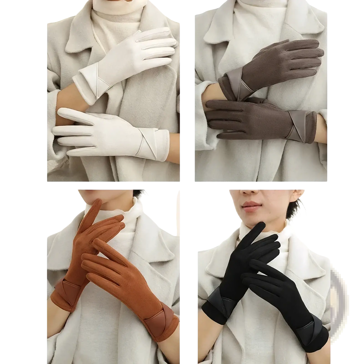 White brown tan and black leather women’s touchscreen suede winter gloves with sleek elegant design and folded cuffs