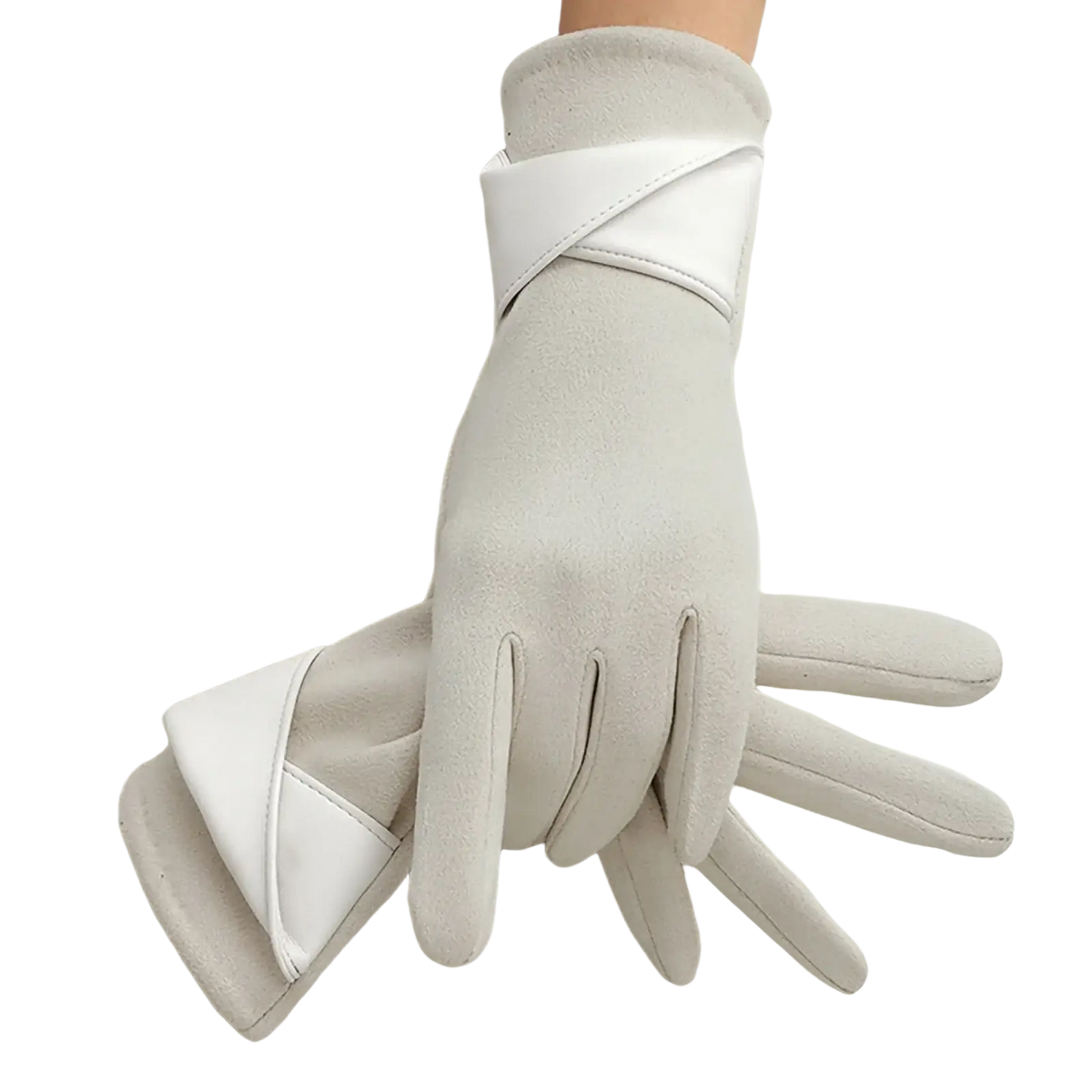 White leather women’s touchscreen suede winter gloves with sleek design and white fabric wrist straps shown from back side