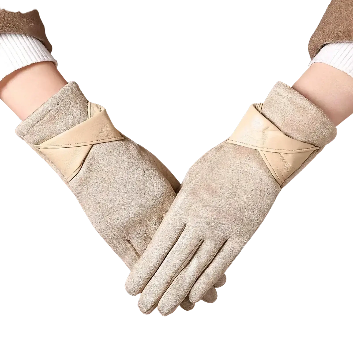 Beige suede women’s touchscreen winter gloves with contrasting light tan leather crossover detail at the wrist