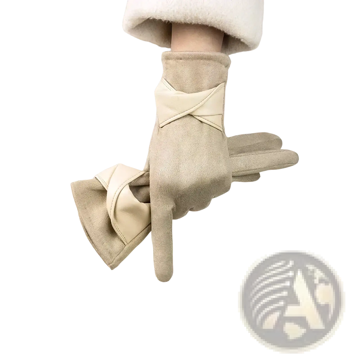 Beige suede women’s touchscreen winter gloves with cream cross-belt detail and matching bow on the back side