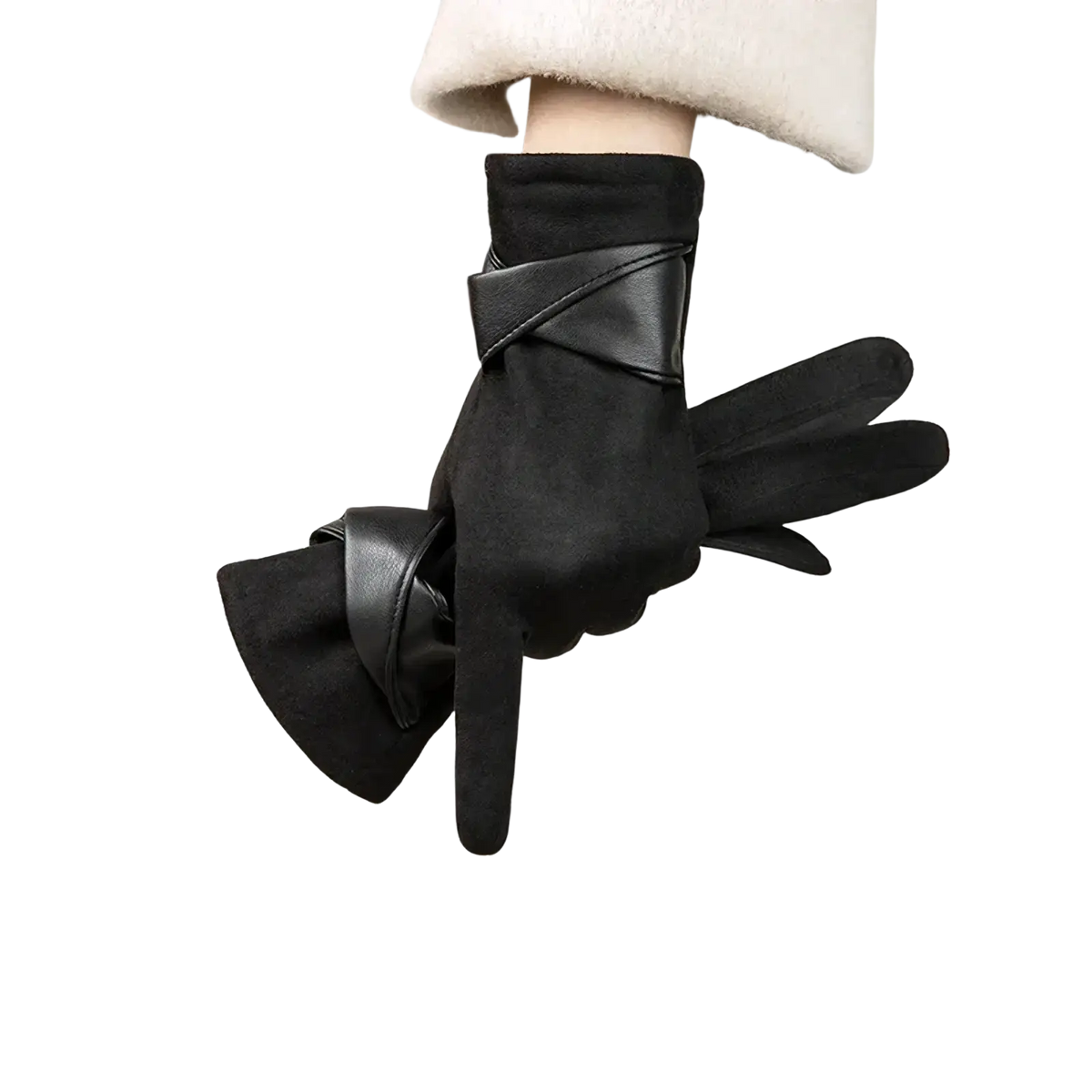 Black leather women’s touchscreen winter gloves with plush white cuff and decorative strap detailing
