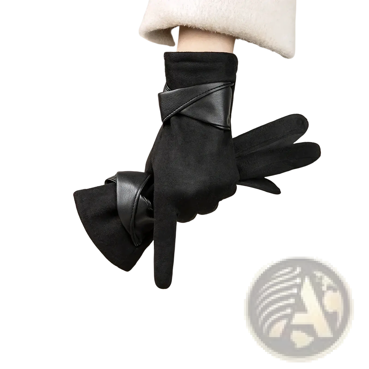 Black women’s touchscreen winter gloves with suede body and shiny leather straps tied in an elegant knot at the wrist