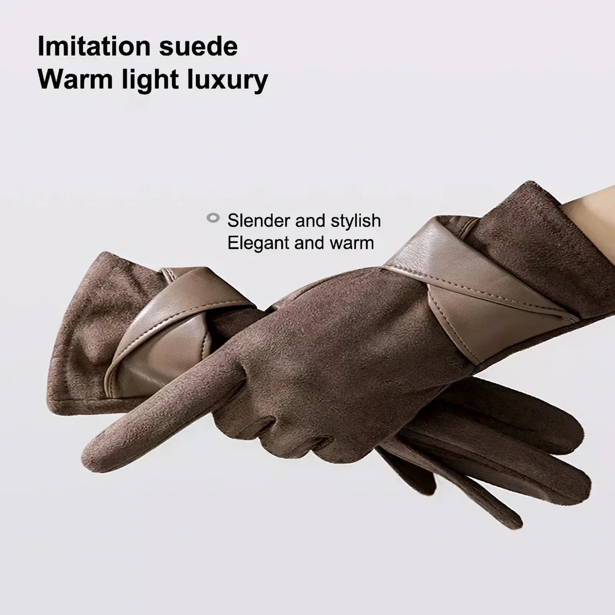 Brown imitation suede women’s touchscreen winter gloves with sleek warm design and contrasting tan leather straps back side