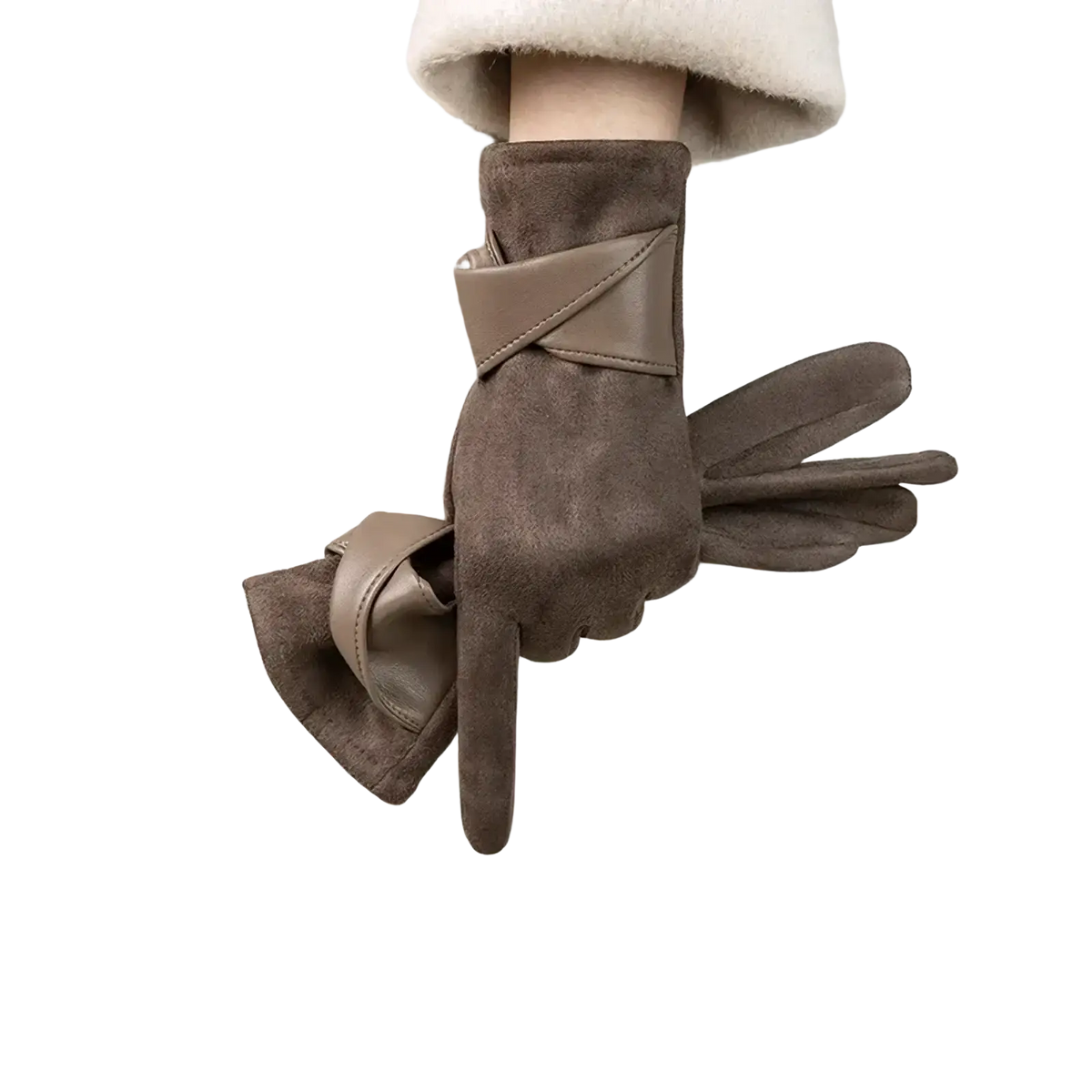 Brown suede touchscreen winter gloves with soft fuzzy cuff and elegant leather strap detailing for women