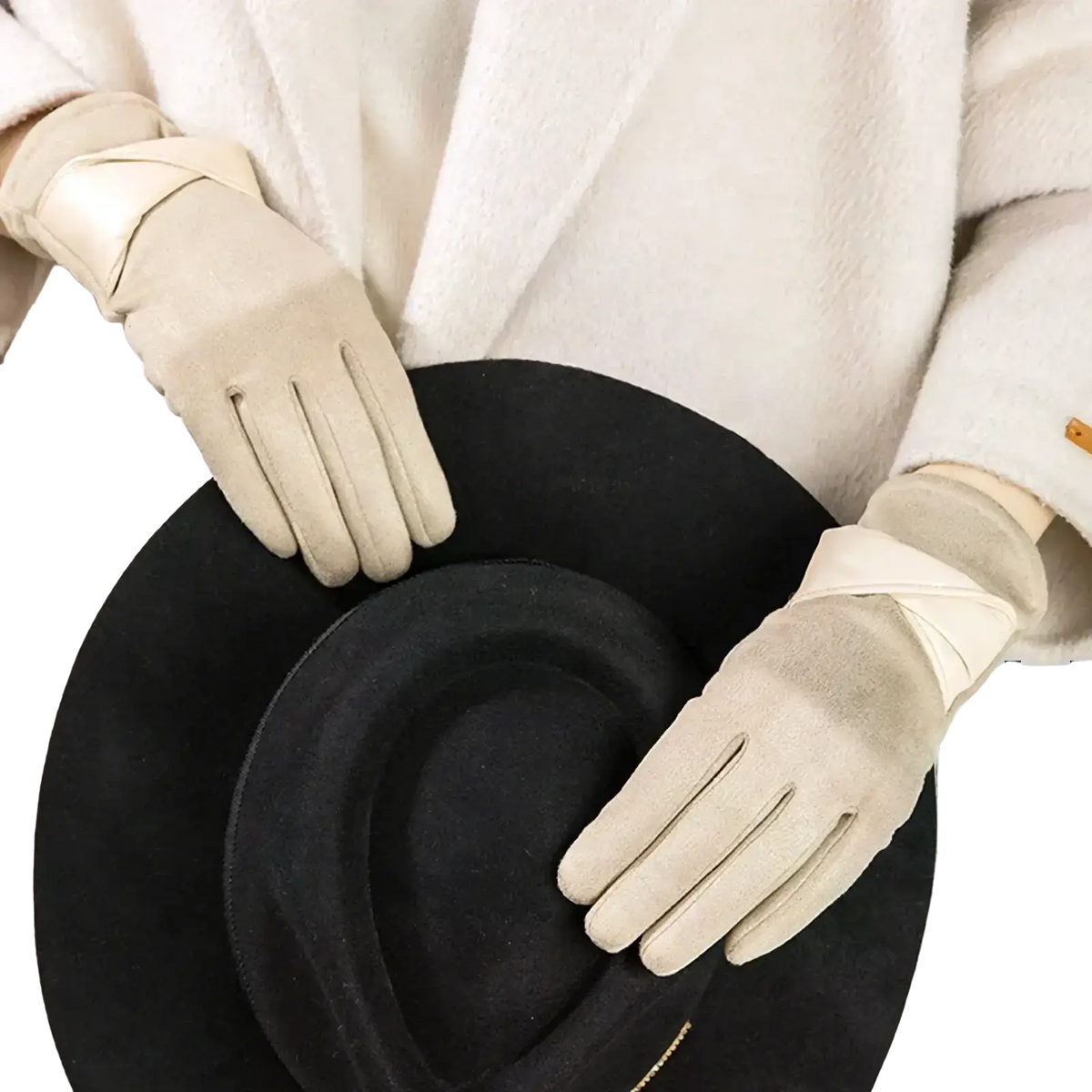 Cream-colored leather women’s touchscreen winter gloves with soft textured finish and elegant wrist straps