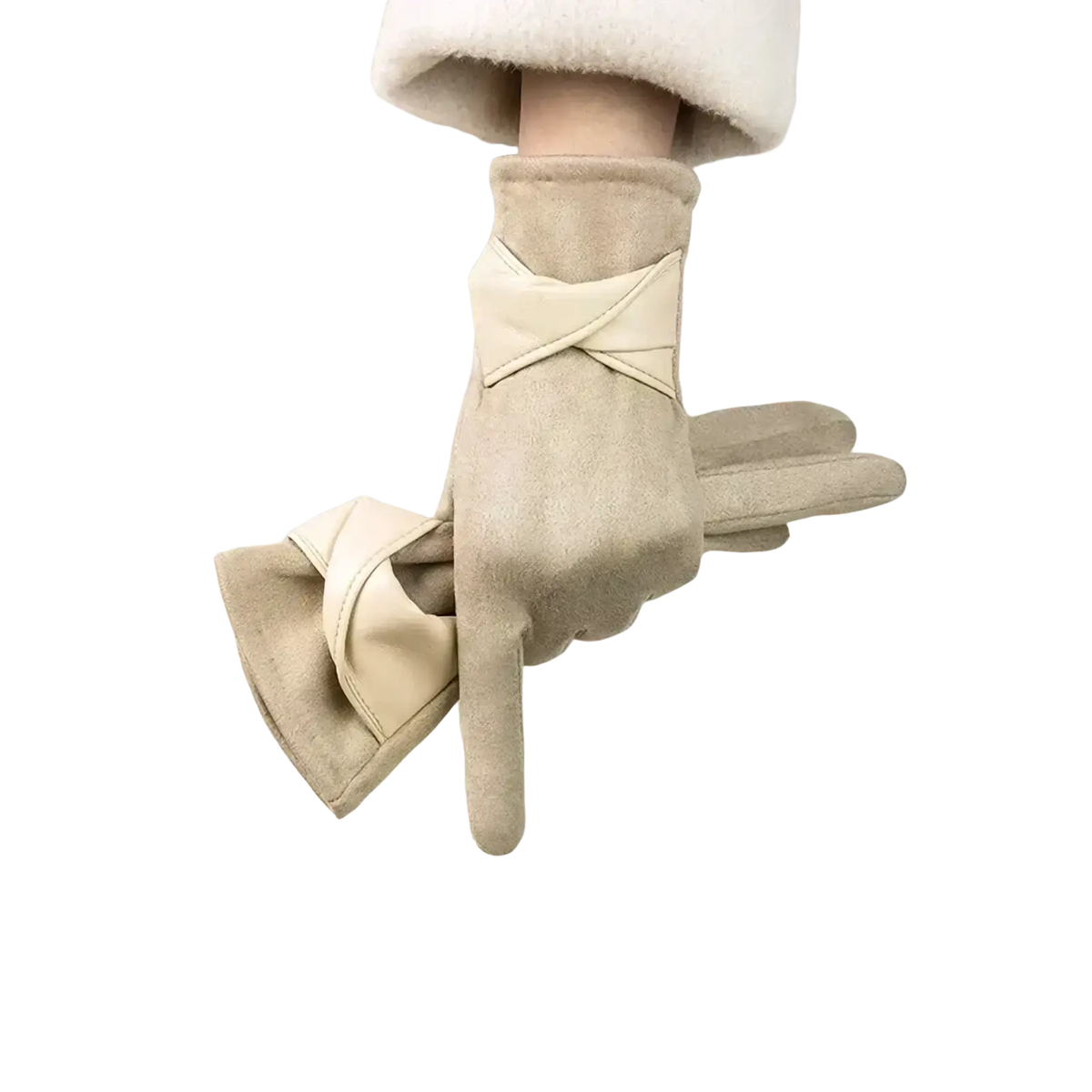Cream-colored suede women’s touchscreen winter gloves with plush white fur cuff and decorative crossed strap detail