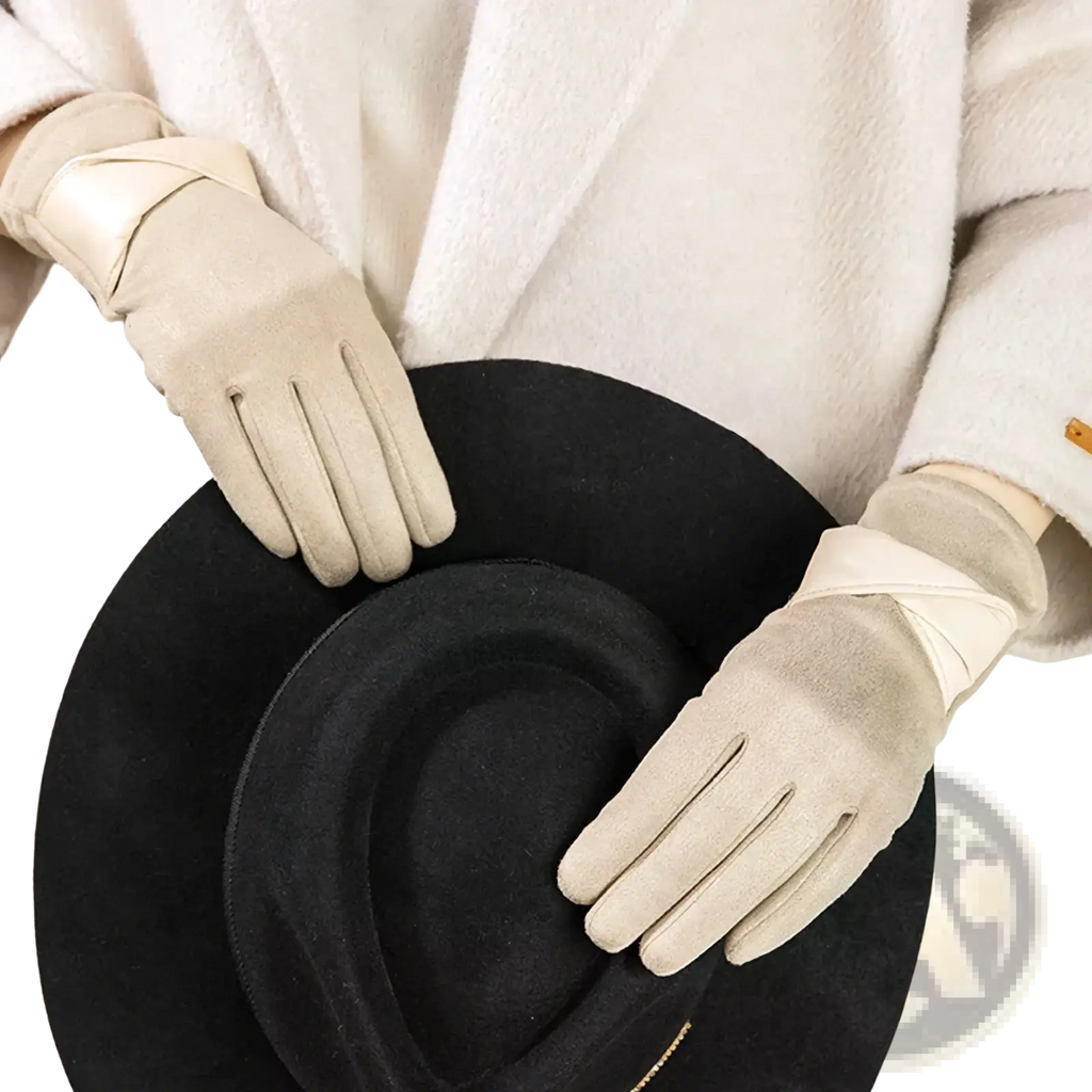 Cream-colored suede women’s touchscreen winter gloves with soft textured finish and elegant wrist ties back side view