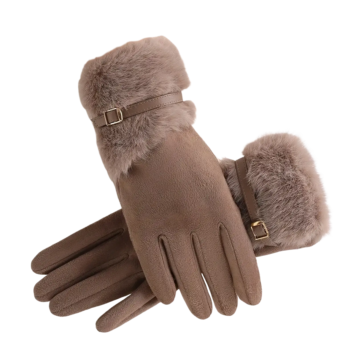 Beige women’s touchscreen winter gloves with fleece lining, faux fur trim, suede texture, and gold-tone buckle accents